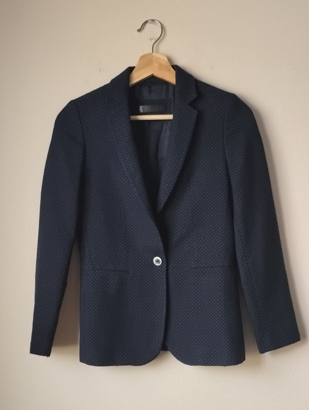 Massimo Dutti Wool & Silk Navy Dot-Textured Single-Button Blazer